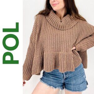 NWOT POL Chenille Chunky Knit Oversized Turtleneck Ruffle Sweater Brown Tan, MED
